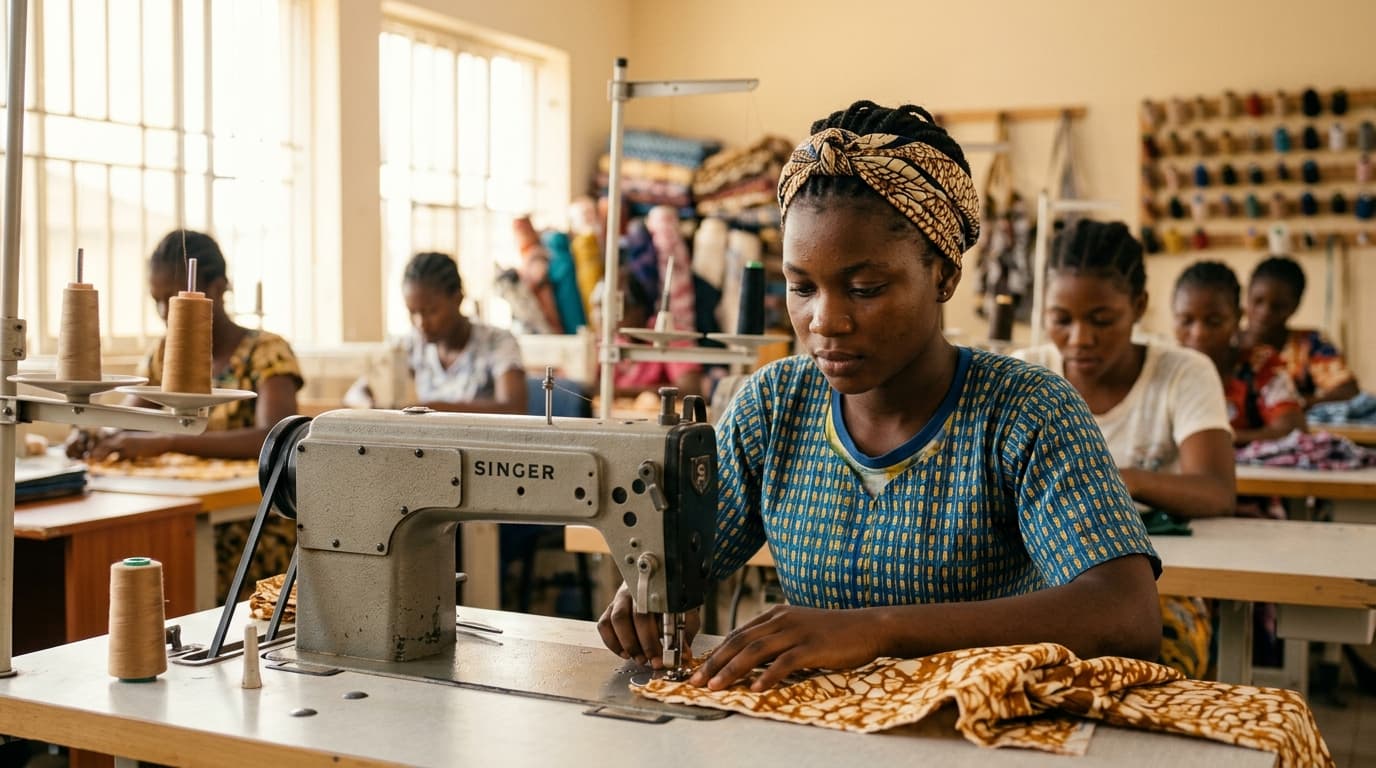 A young Nigerian trainee at a sewing machine in a bright vocational workshop.