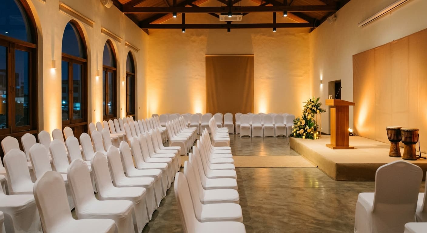 A warmly lit hall set for an evening gathering, chairs facing a low stage.