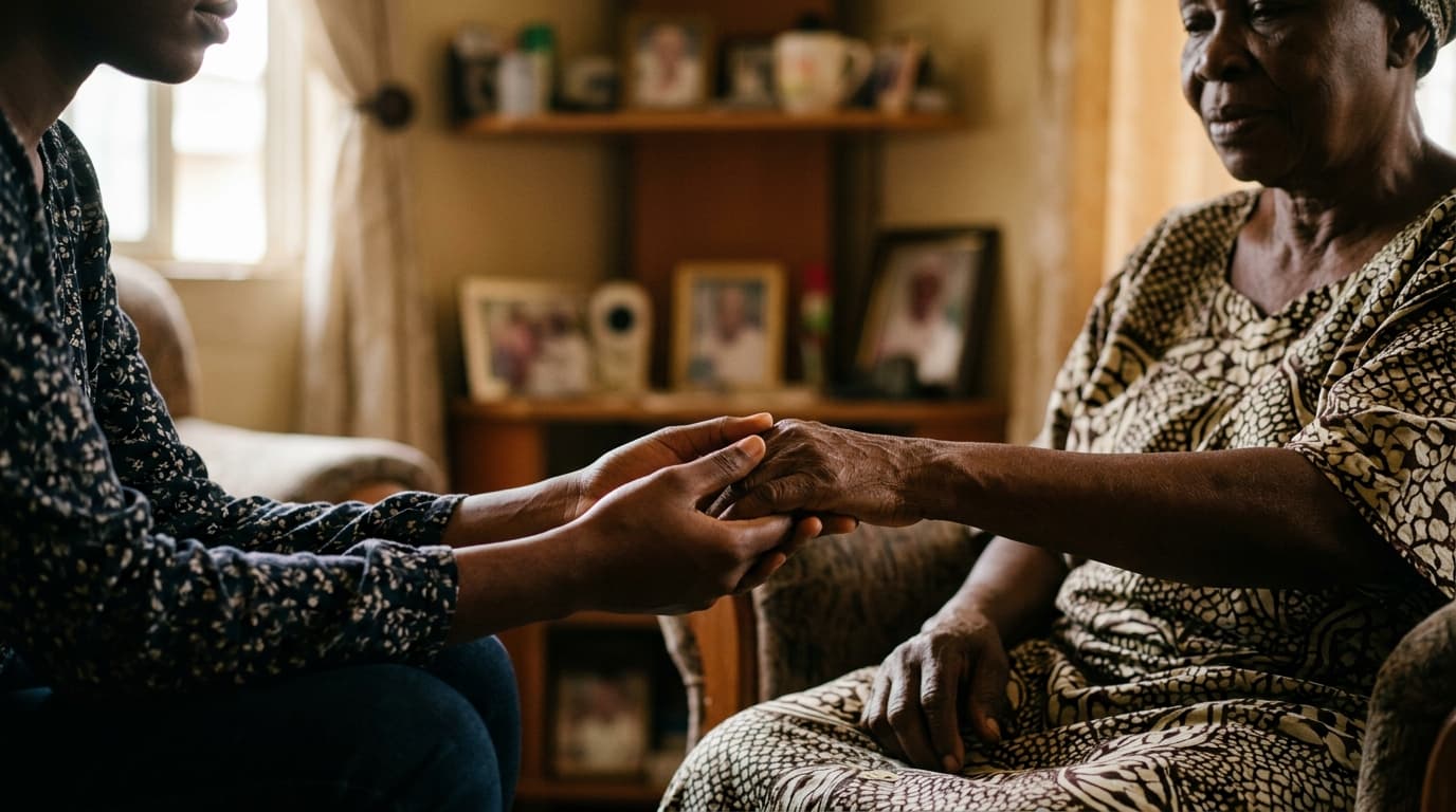 An older woman's hand held gently in both hands of a younger visitor.